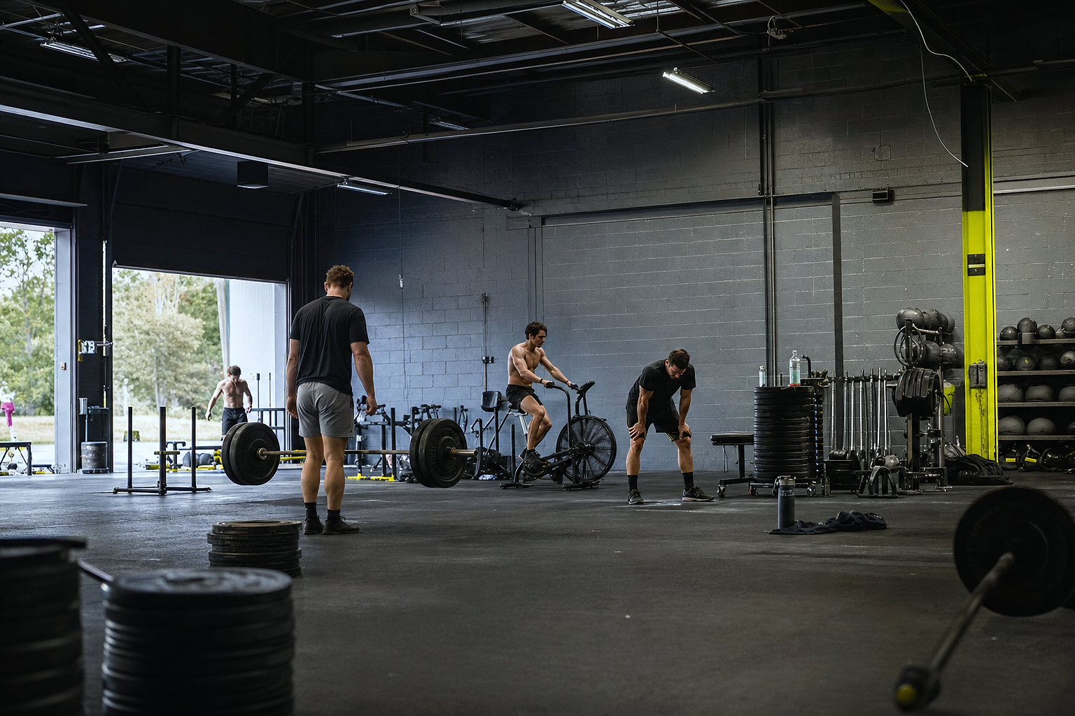 IRONROOT Athletic Club, Strength Programming — WIDE ESTABLISHING SHOT of the full environment, low camera angle, eye-level horizon, daylight