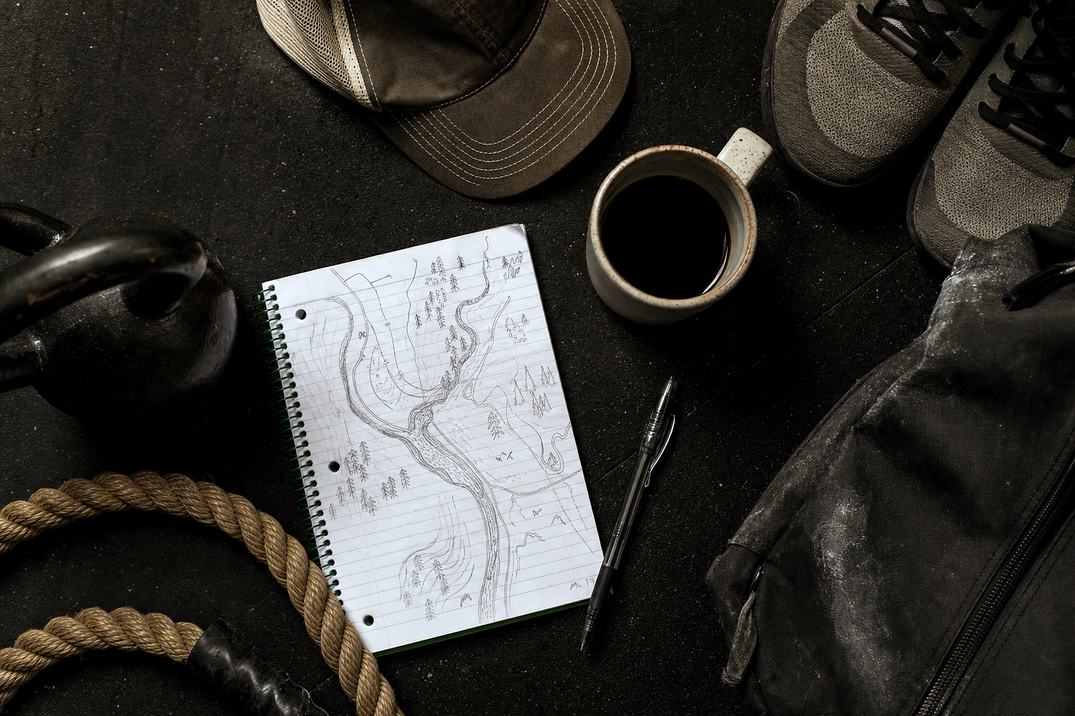 Portland, Portland metro — OVERHEAD CONCEPTUAL FLAT-LAY of objects representing the area's character